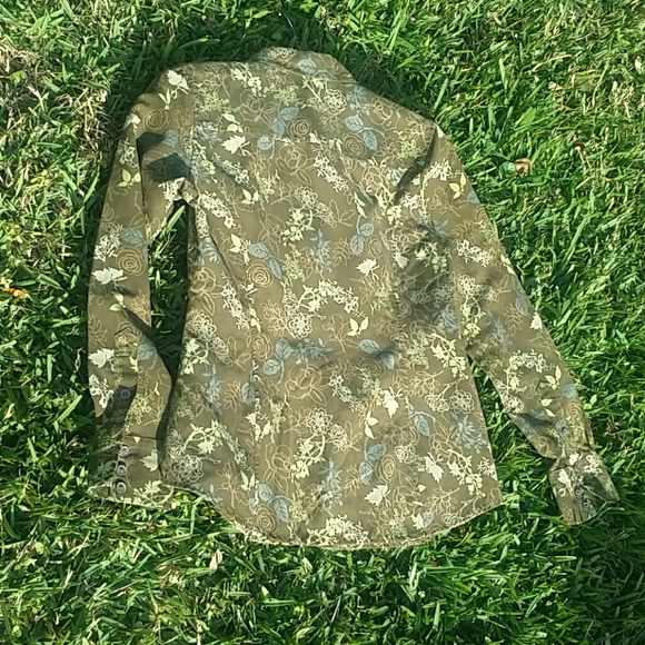Olive Green Floral Print Button Down Shirt Size S - Picture 4 of 8